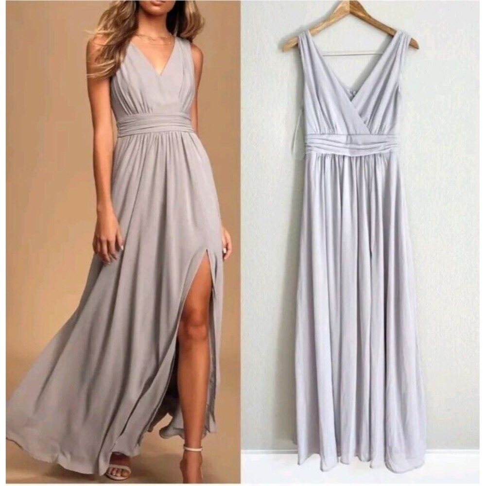 Lulus Light Grey Surplice Bridesmaid Maxi Dress Size Medium NWT